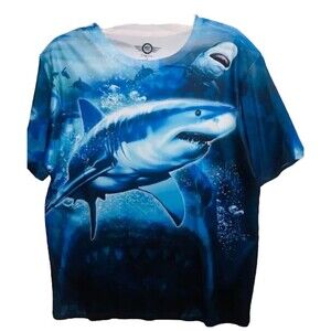 Mad Engine- Great White SHARK  All over Graphic Print T Shirt -Large EUC
